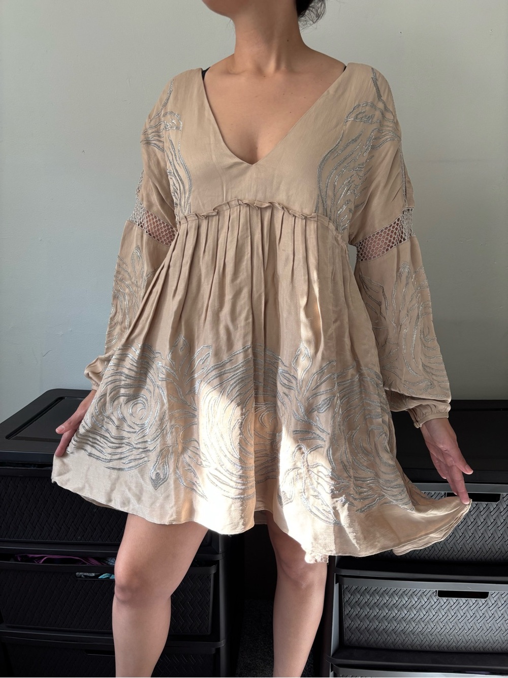 Free People Fairycore Cream & Silver Boho Embroidery Babydoll Mini Dress Medium